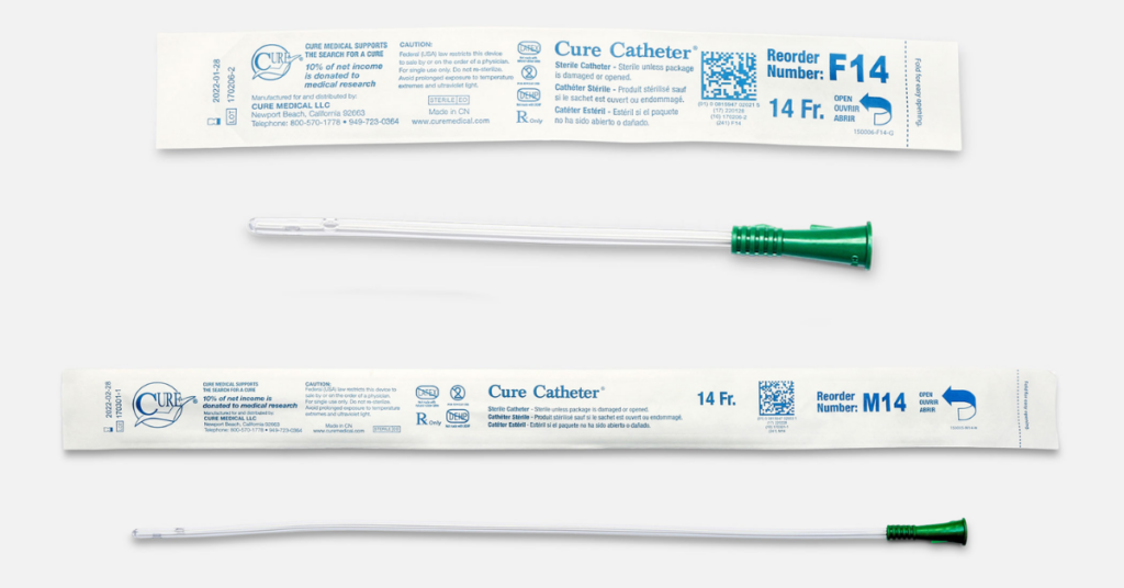 A visual representation of different types of urinary catheters: indwelling, intermittent (straight and coudé), closed system, male external (condom), and female external